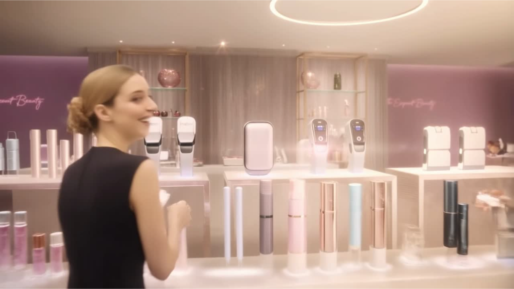 The Establish Beauty のネオンサインと、カウンターに並ぶコスメ・美容デバイスが映る上質なショールーム空間